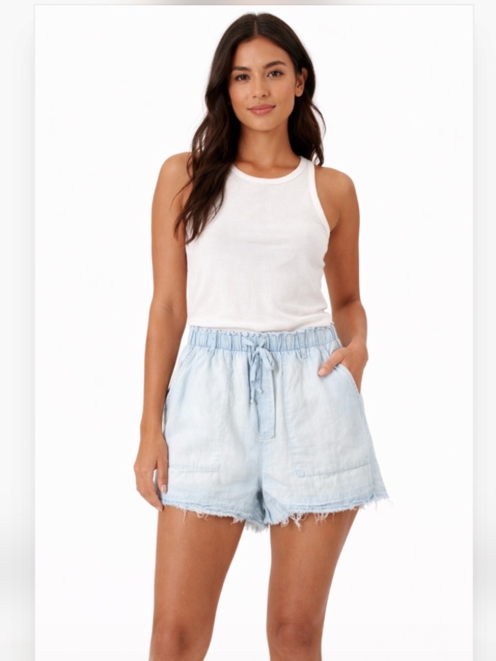 Bella Dahl Chambray Linen Blend Frayed Hem Pocket Summer Shorts Size Medium